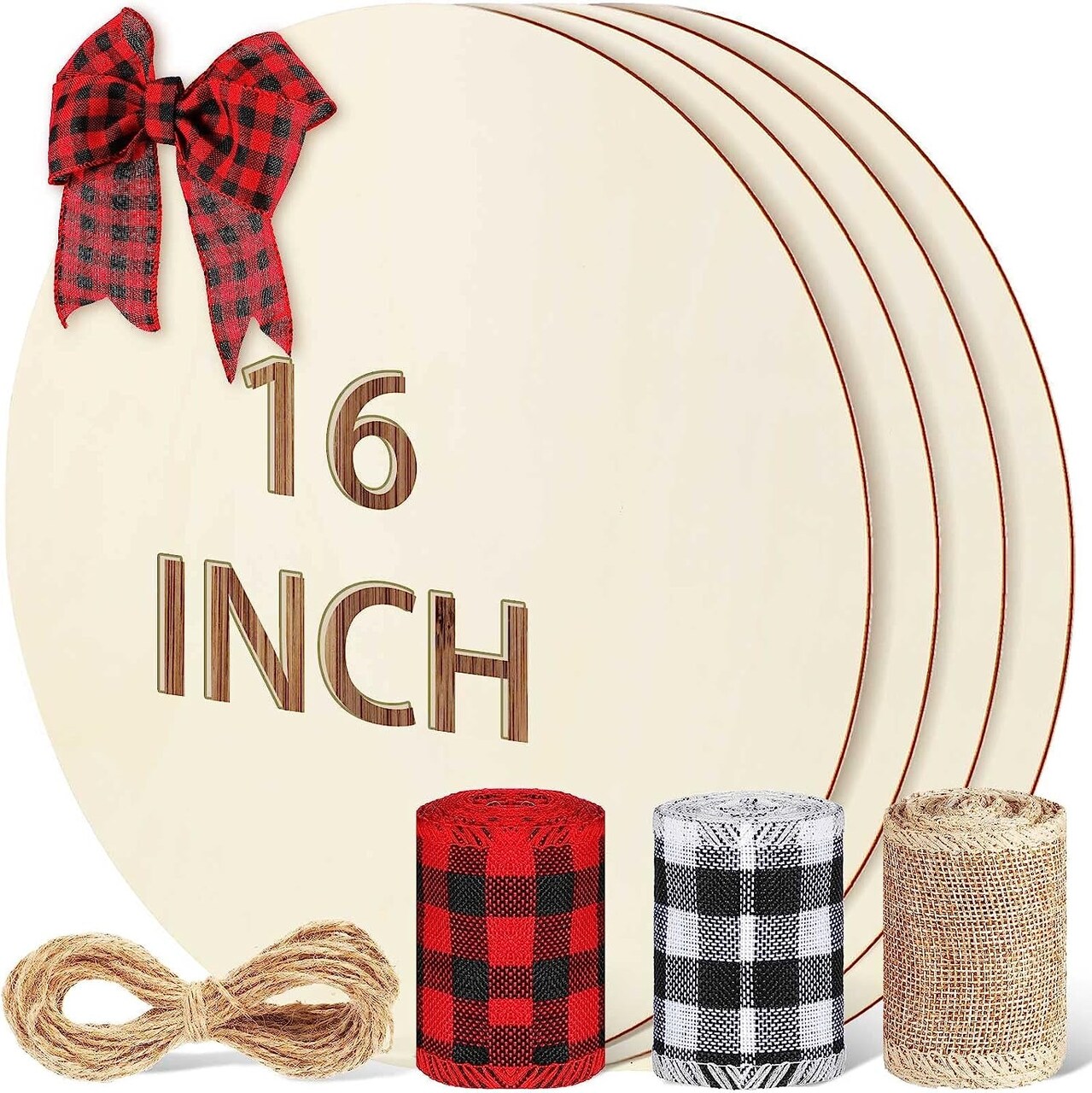 4 Pieces Wood Circles round Wood Discs Unfinished Wooden Circle Rustic Rounds  Wooden Cutouts Blank Wood Plaque with 3 Rolls Burlap Plaid Wired Edge  Ribbons for Christmas (15.75 X 15.75 X 0.1 Inch)